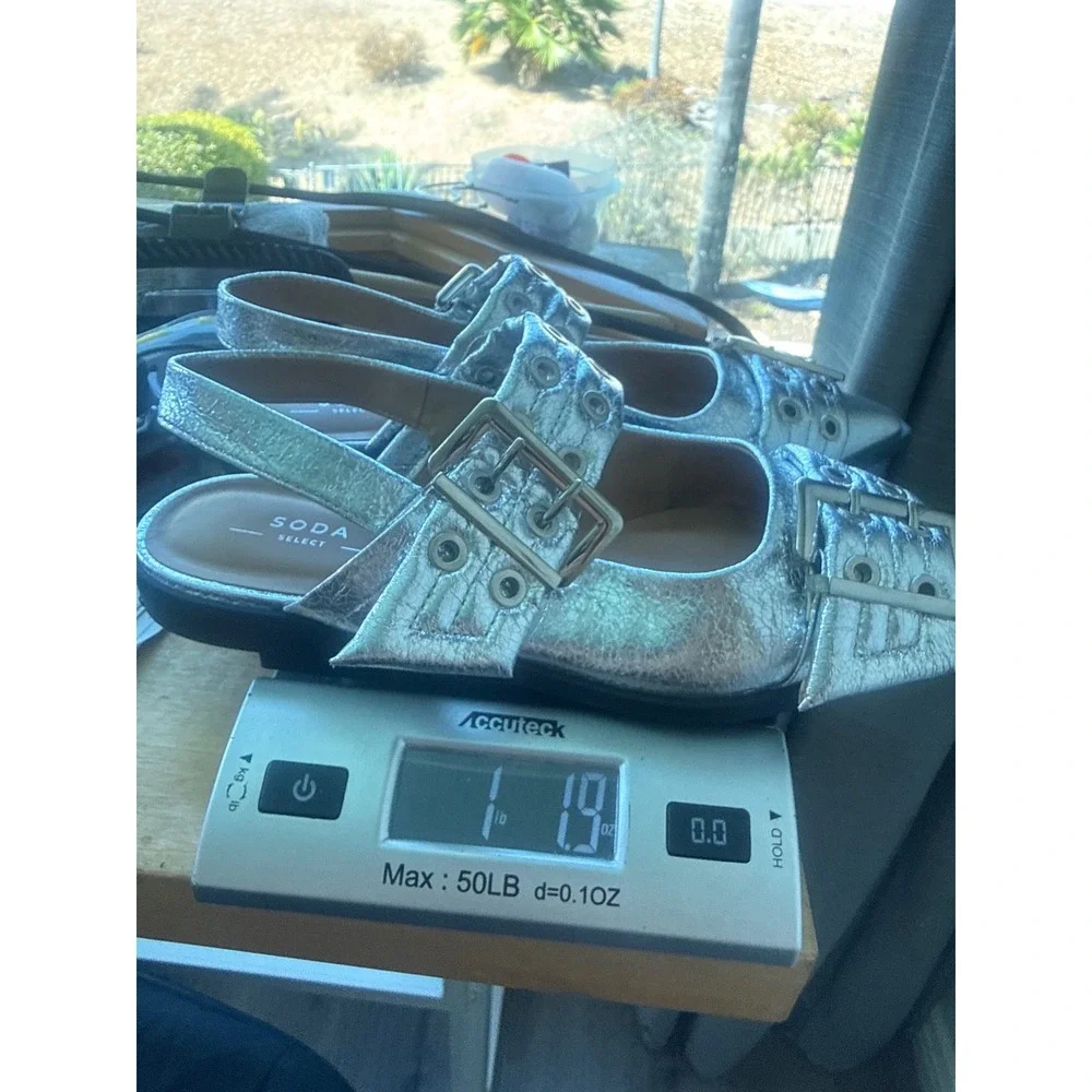 Womens Y2K Chunky Buckle Ballet Flats Size 8 Ballerina Slingback Metallic Silver